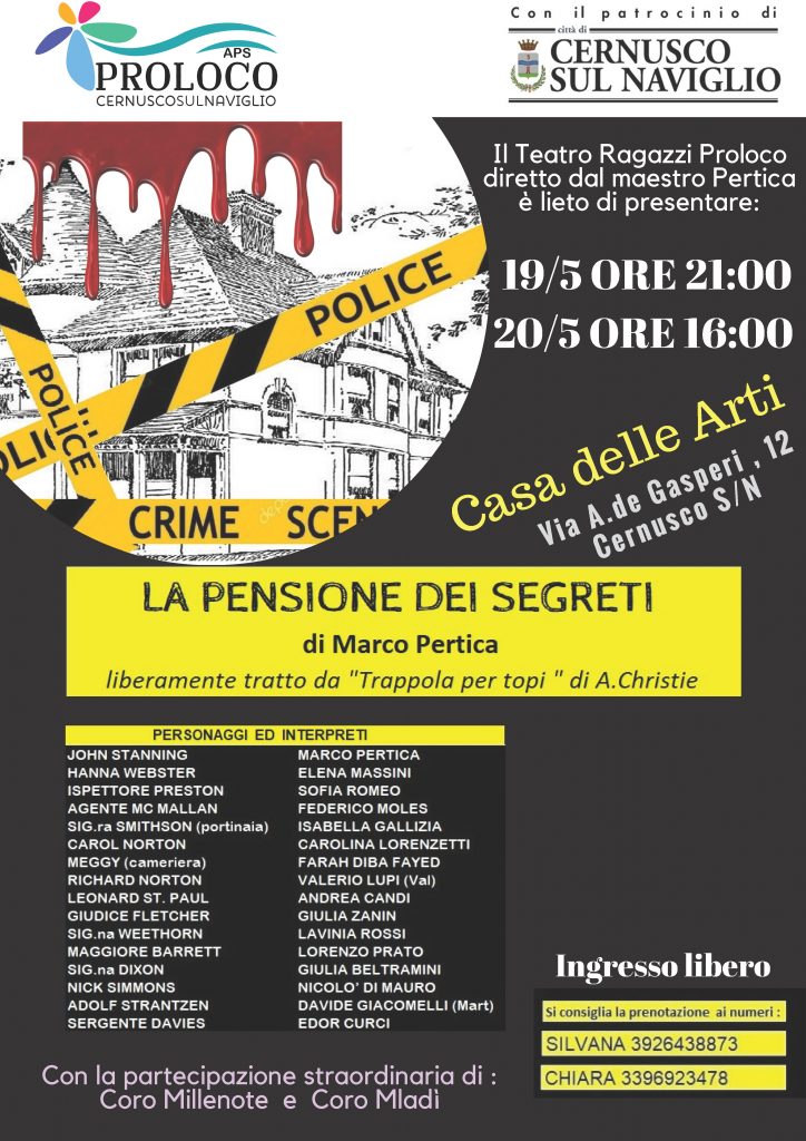 sabato 19 maggio 2018 presso la Casa delle Arti spettacolo teatrale “LA PENSIONE DEI SEGRETI” di Marco Pertica